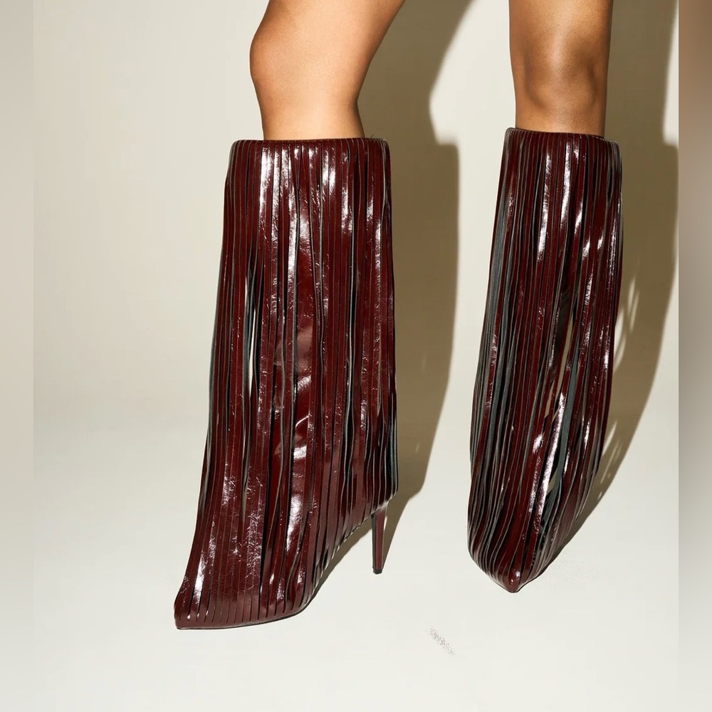 Fringe Patent Knee-High Heeled Boots in Burgundy